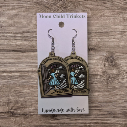 Leaving Reality, Entering Fiction Book Hand Painted Wood Dangle Earrings