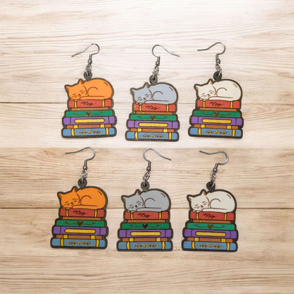 Cats and Books Hand Painted Wood Dangle Earrings