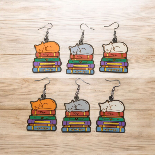 Cats and Books Hand Painted Wood Dangle Earrings