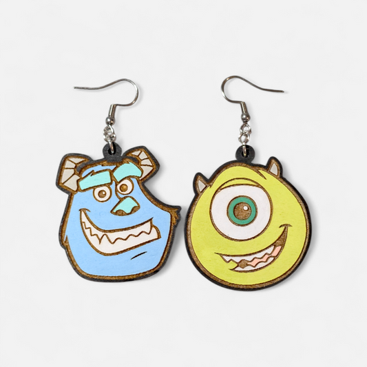 Mike and Sully Monsters Inc Hand Painted Wood Earrings