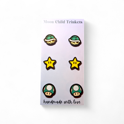 Super Mario Inspired Hand Painted Wood Stud Earring Set – 3 Pairs