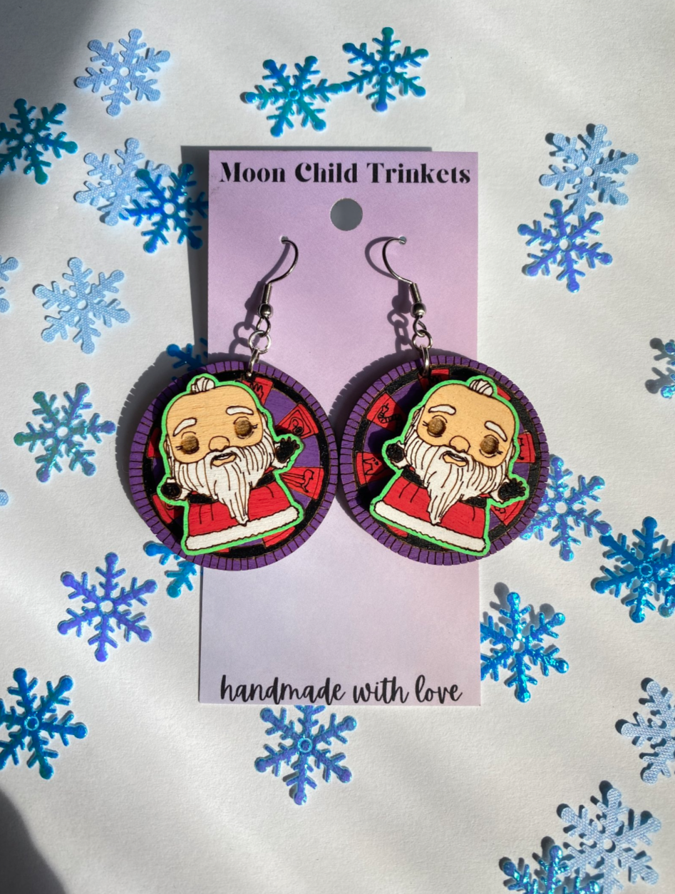3D Sandy Claws Nightmare Before Christmas Hand Painted Wood Dangle Earrings