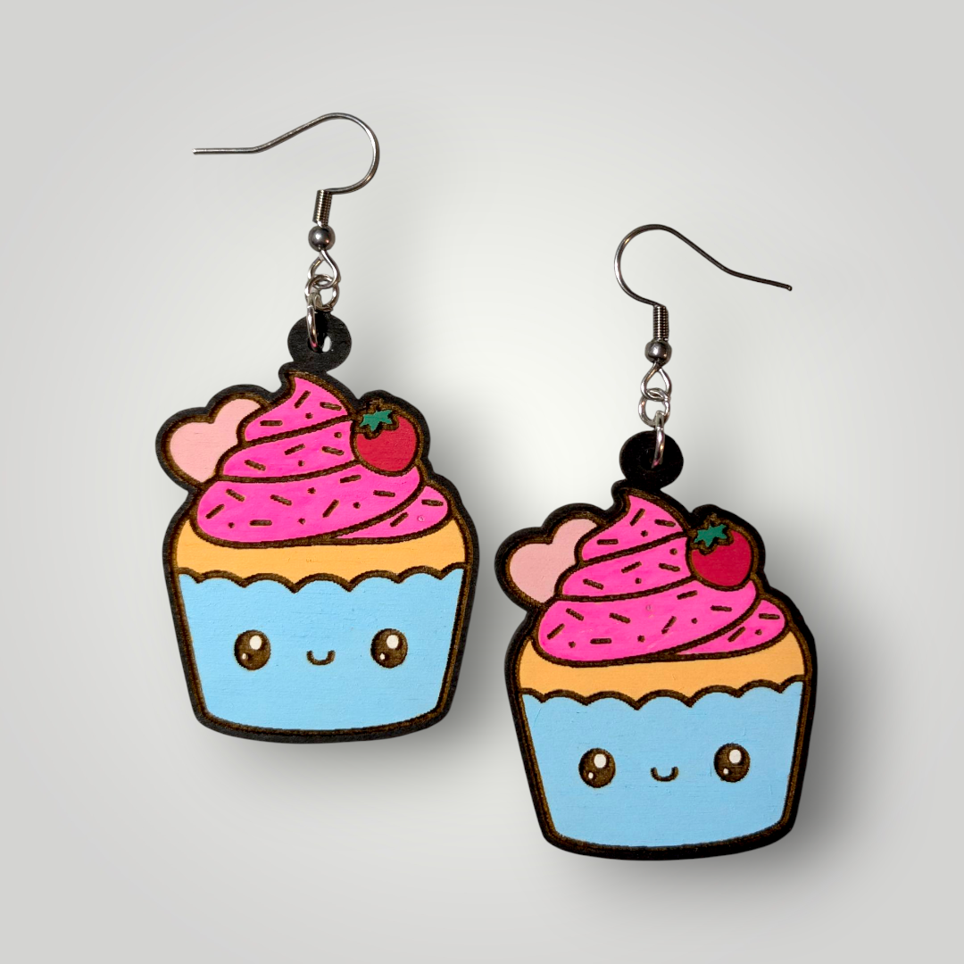 Cupcake Kawaii Hand Painted Wood Earrings