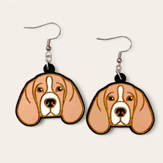 Beagle Dog Hand Painted Wood Dangle Earrings