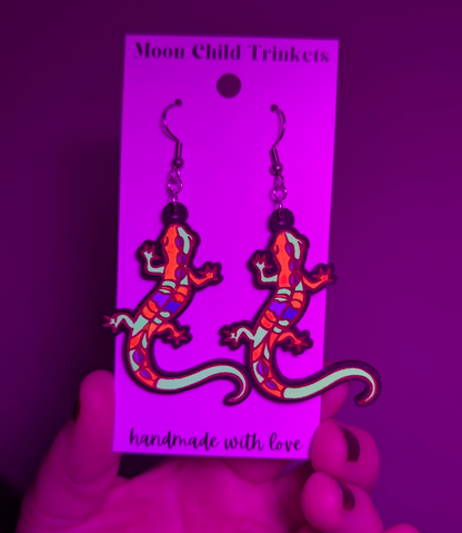 Neon Lizard Hand Painted Wood Earrings