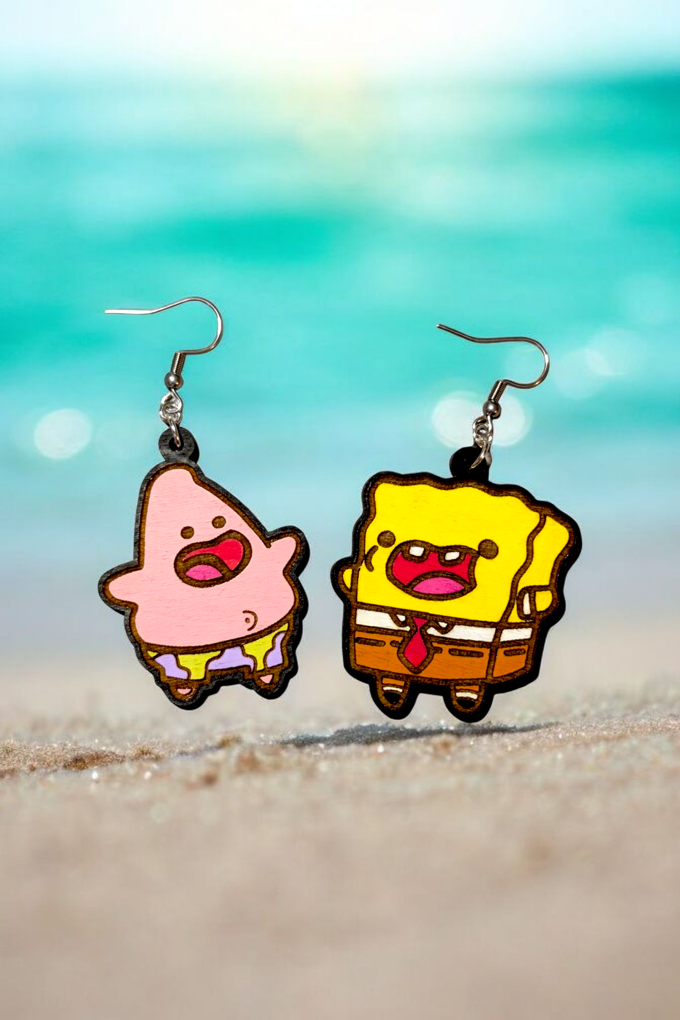 BFF SpongeBob and Patrick Hand Painted Wood Dangle Earrings