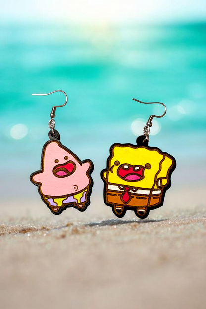 BFF SpongeBob and Patrick Hand Painted Wood Dangle Earrings
