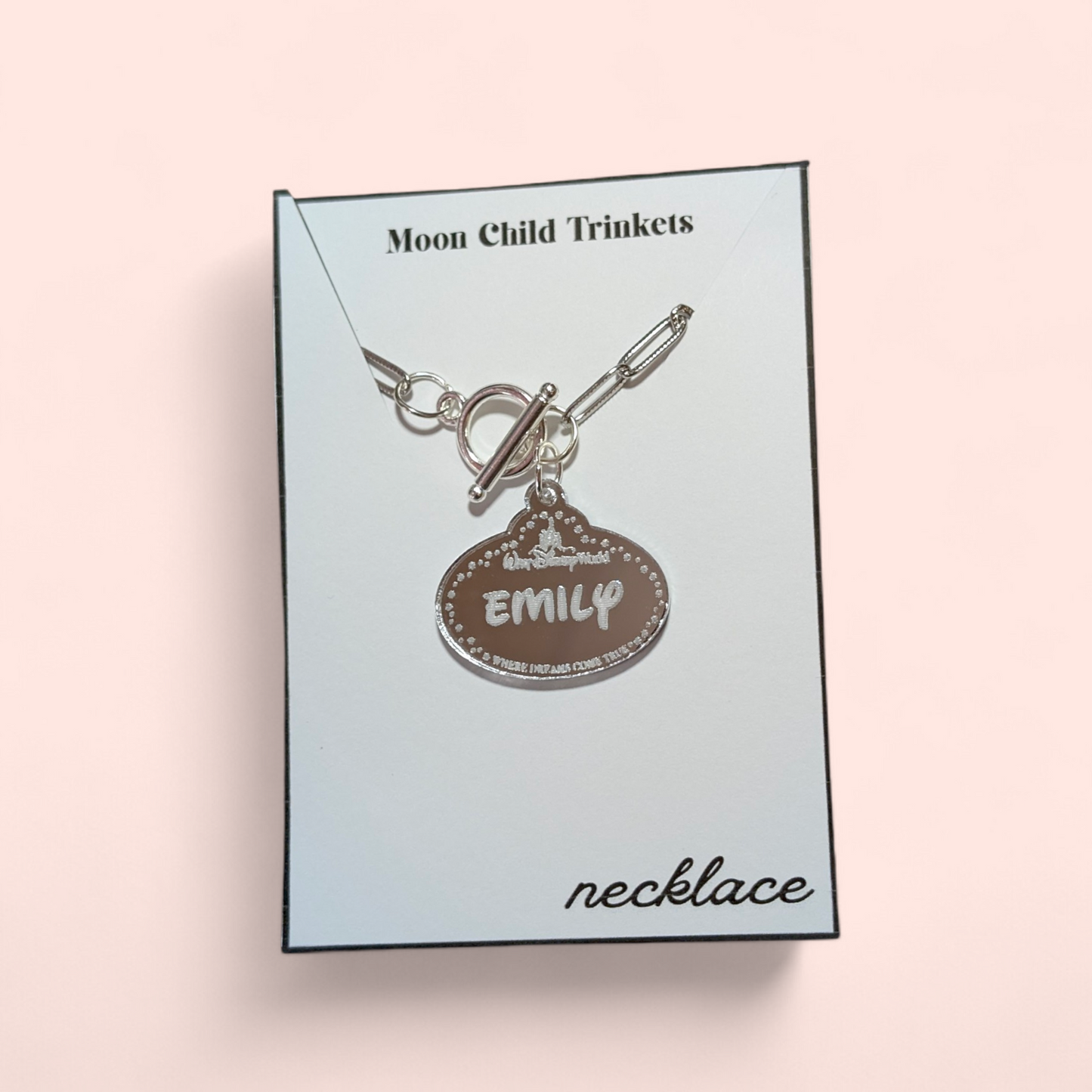 Personalized Disney Parks Name Tag Mirror Acrylic Paperclip Chain Necklace