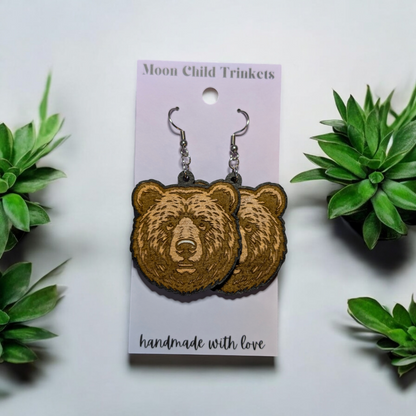 Brown Bear Hand Painted Dangle Earrings