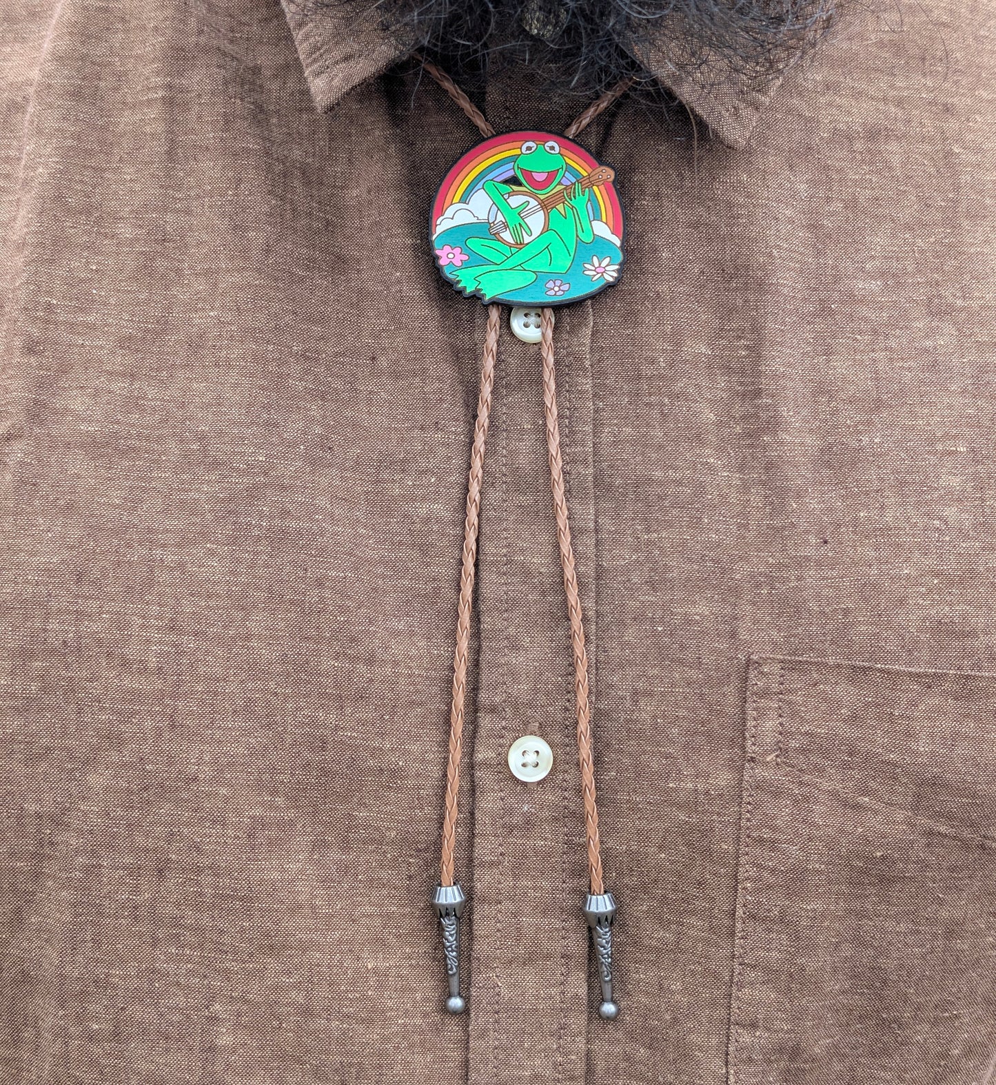 Kermit with Banjo Bolo Tie - Hand Painted Wood Bolo