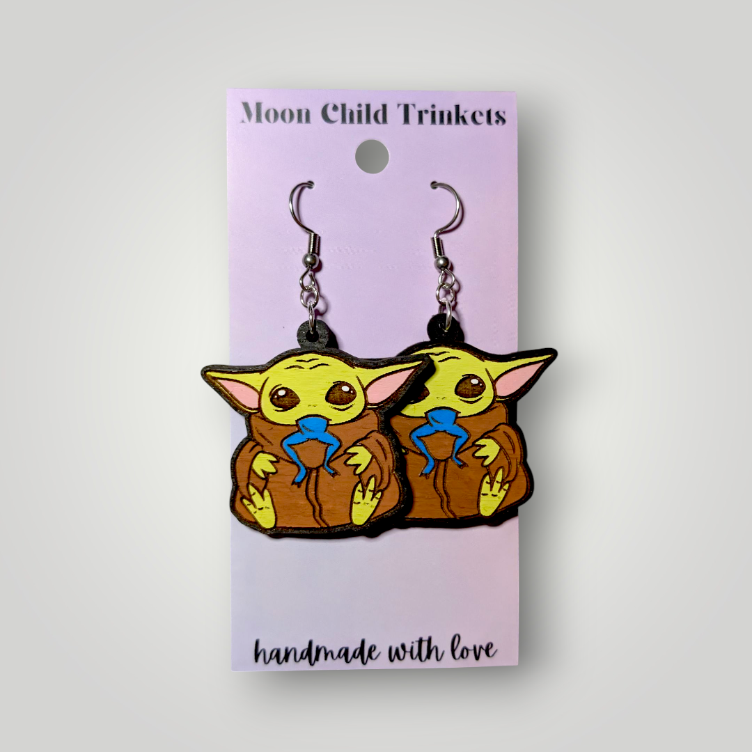 Baby Yoda Grogu Star Wars Hand Painted Wood Dangle Earrings