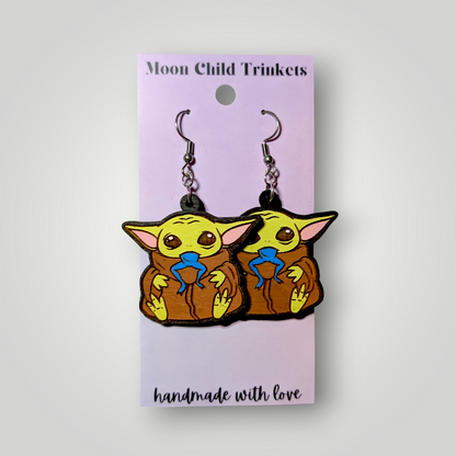 Baby Yoda Grogu Star Wars Hand Painted Wood Dangle Earrings