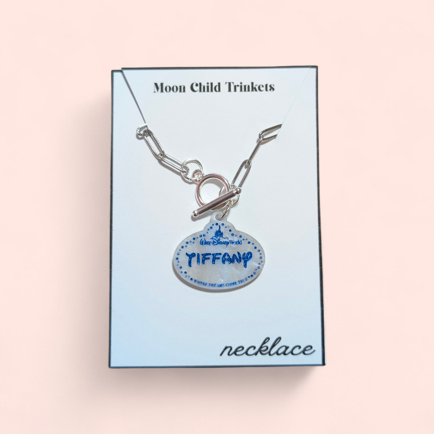 Personalized Disney Parks Name Tag Pearlescent Acrylic Paperclip Chain Necklace