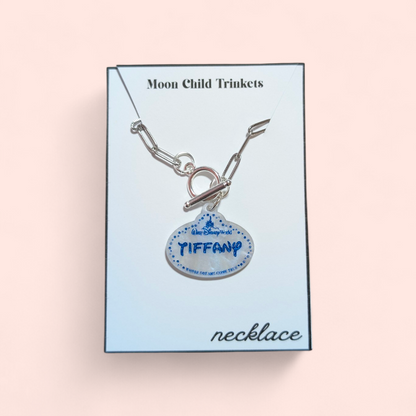 Personalized Disney Parks Name Tag Pearlescent Acrylic Paperclip Chain Necklace