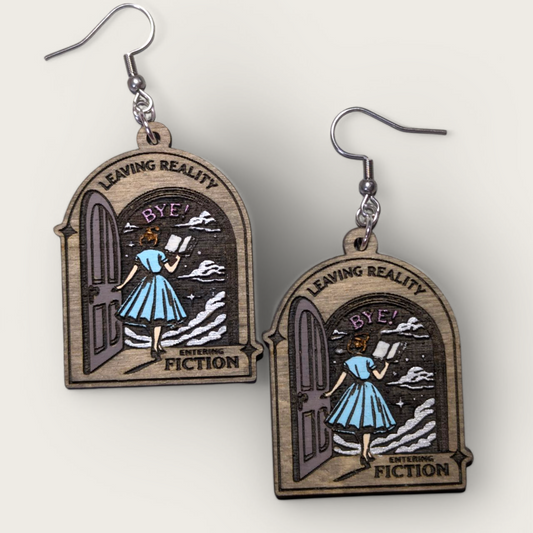Leaving Reality, Entering Fiction Book Hand Painted Wood Dangle Earrings