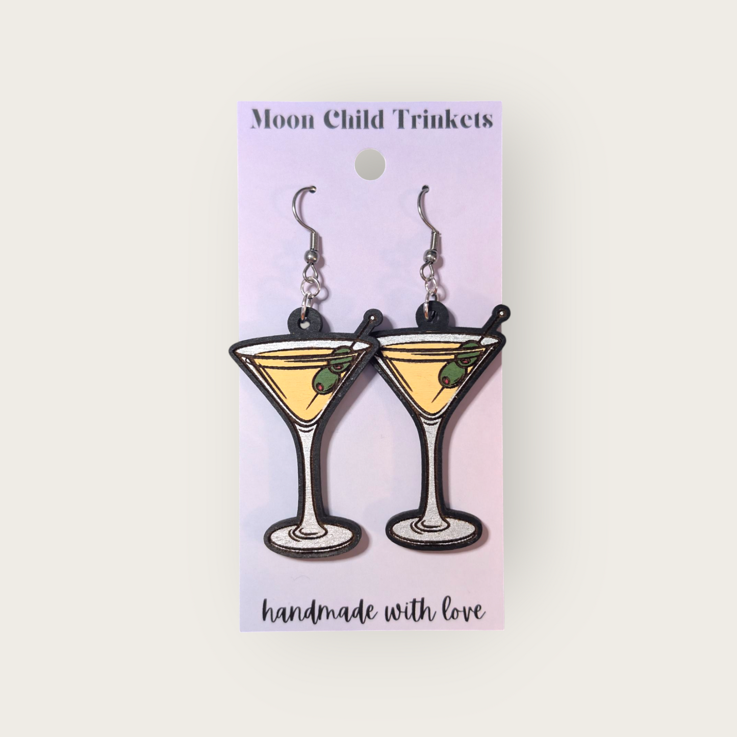 Olive Martini Hand Painted Wood Dangle Earrings