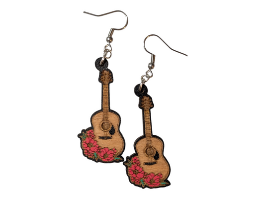 Floral Guitar Hand Painted Wood Dangle Earrings