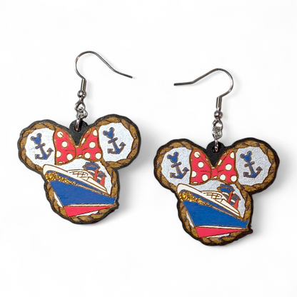 Cruise Ship Minnie Mouse Ear Hand Painted Wood Earrings