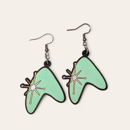 Retro Atomic Spark Mint Hand Painted Wood Dangle Earrings