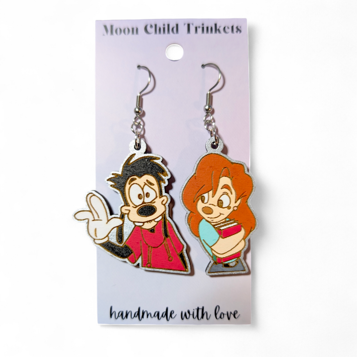Max and Roxanne A Goofy Movie Hand Painted Wood Earrings