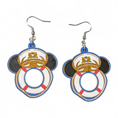 Cruise Captain Mouse Ear Hand Painted Wood Earrings