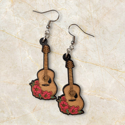 Floral Guitar Hand Painted Wood Dangle Earrings