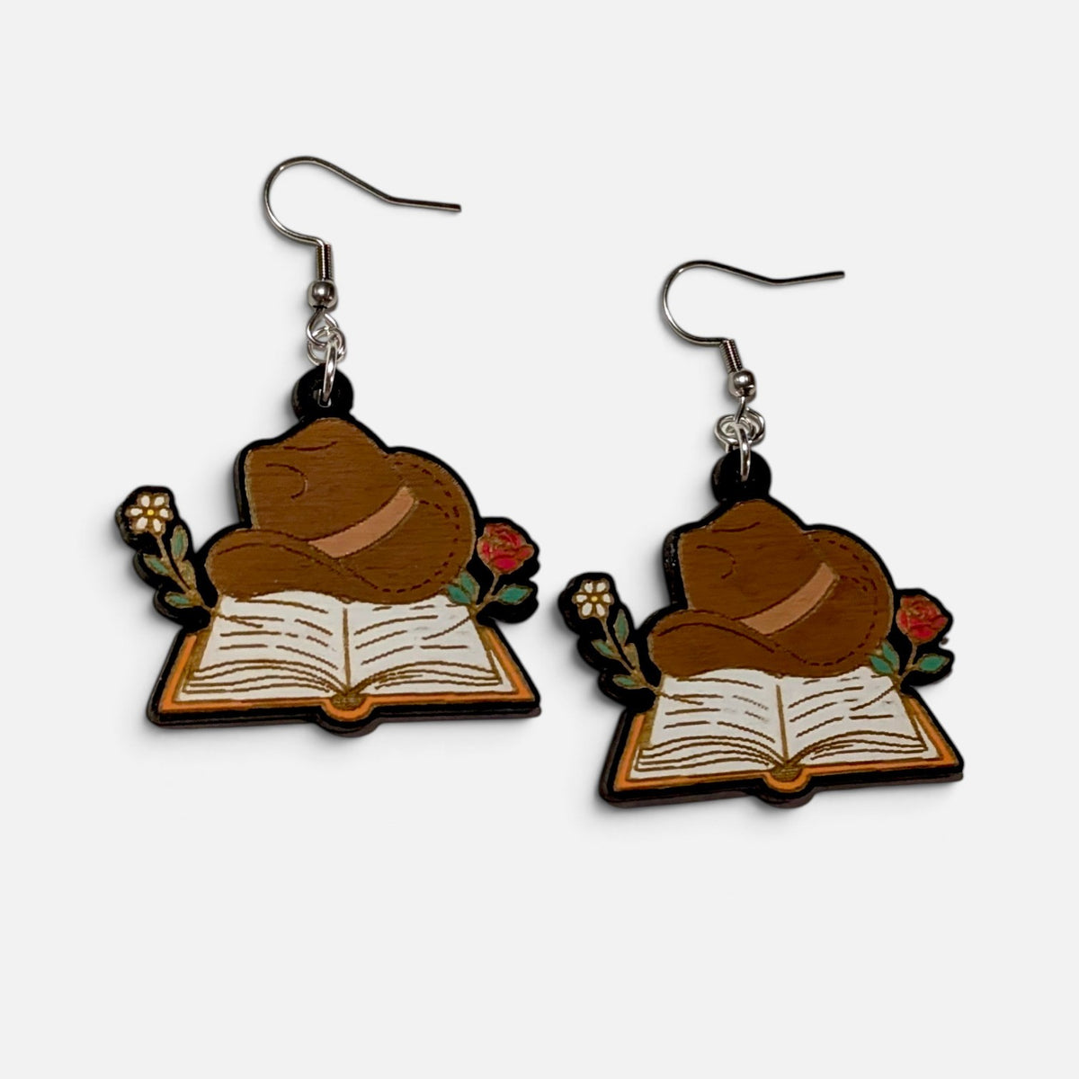 Western Romance Bookish Hand Painted Wood Earrings