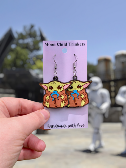 Baby Yoda Grogu Star Wars Hand Painted Wood Dangle Earrings