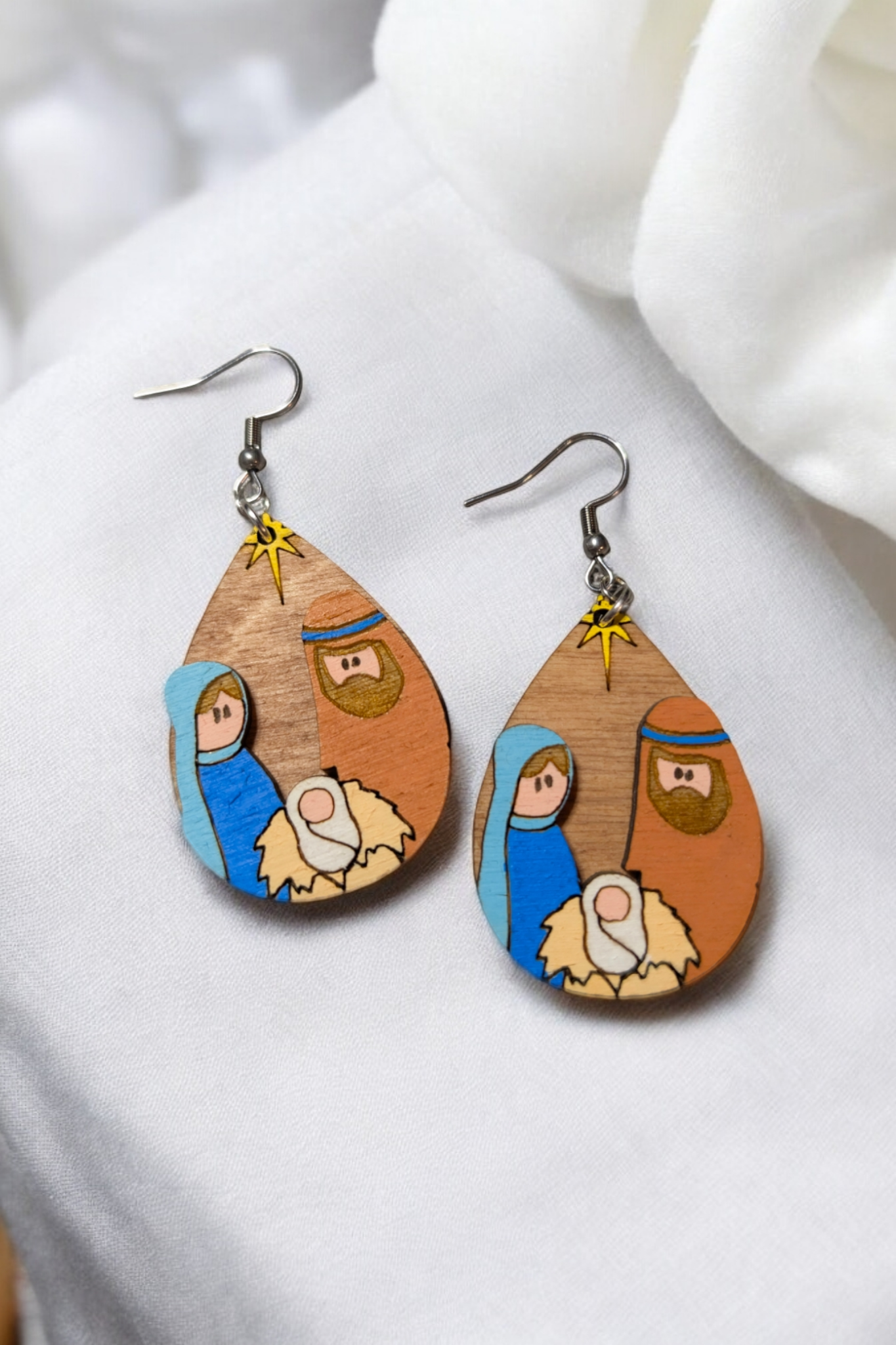 3D Nativity Christmas Hand Painted Wood Earrings