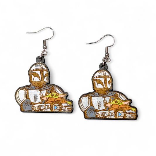 Mandalorian and Grogu Star Wars Hand Painted Wood Earrings