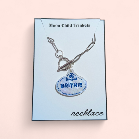 Personalized Disney Parks Name Tag Pearlescent Acrylic Paperclip Chain Necklace