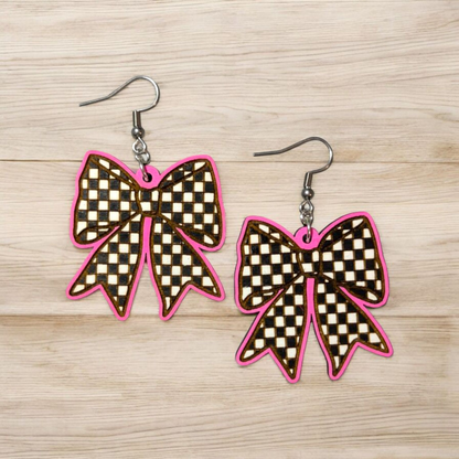 Y2K Checkered Bows Hand Painted Wood Dangle Earrings