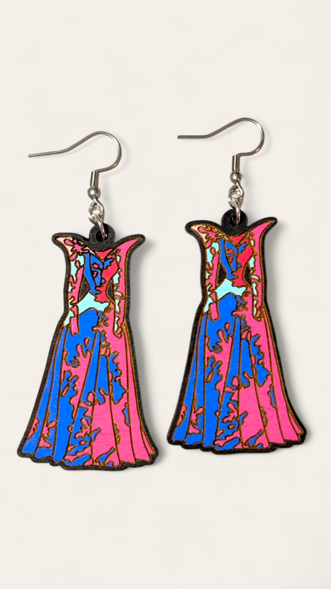 Make It Pink, Make It Blue - Aurora's Dress Hand Painted Wood Dangle Earrings