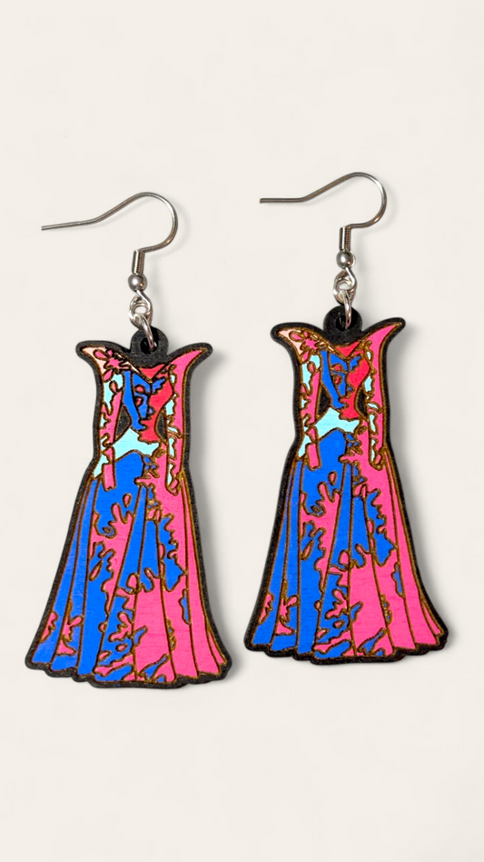 Make It Pink, Make It Blue - Aurora's Dress Hand Painted Wood Dangle Earrings