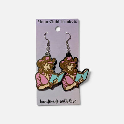 Cowgirl Reader Bookish Hand Painted Wood Earrings