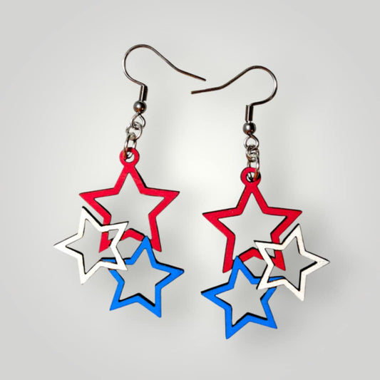4th of July Stars Hand Painted Wood Dangle Earrings