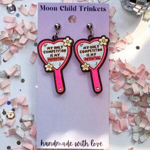 Positive Affirmation Heart Mirror Hand Painted Wood Dangle Earrings