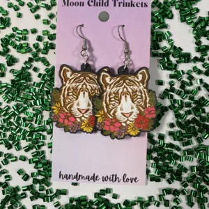 White Tiger Hand Painted Wood Dangle Earrings